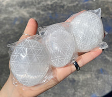 Load image into Gallery viewer, Satin Spar Selenite Etched Palm (Flower of Life)