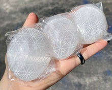 Load image into Gallery viewer, Satin Spar Selenite Etched Palm (Flower of Life)