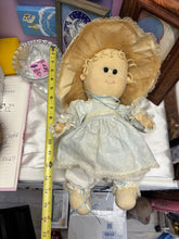 Load image into Gallery viewer, Vintage Handmade Cloth Rag Doll 16” Straw Bonnet Blue Dress Primitive Country
