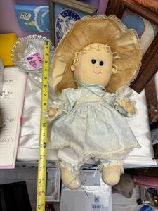Vintage Handmade Cloth Rag Doll 16” Straw Bonnet Blue Dress Primitive Country