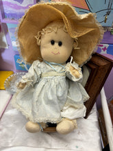 Load image into Gallery viewer, Vintage Handmade Cloth Rag Doll 16” Straw Bonnet Blue Dress Primitive Country
