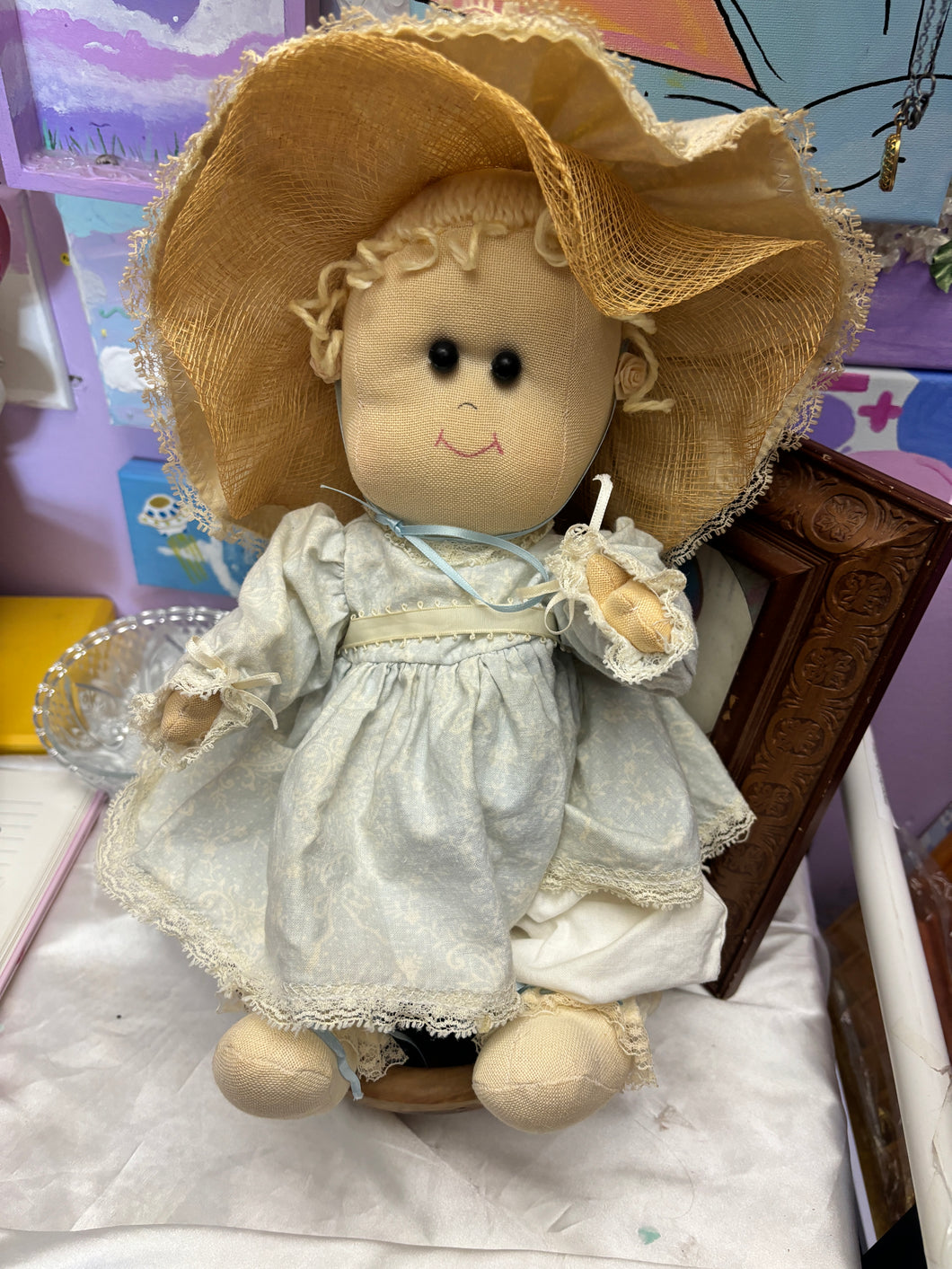 Vintage Handmade Cloth Rag Doll 16” Straw Bonnet Blue Dress Primitive Country