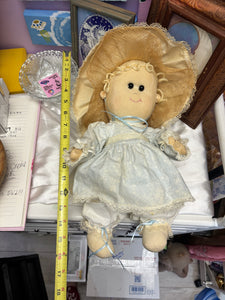 Vintage Handmade Cloth Rag Doll 16” Straw Bonnet Blue Dress Primitive Country