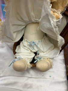Vintage Handmade Cloth Rag Doll 16” Straw Bonnet Blue Dress Primitive Country