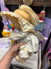 Load image into Gallery viewer, Vintage Handmade Cloth Rag Doll 16” Straw Bonnet Blue Dress Primitive Country
