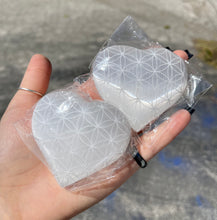 Load image into Gallery viewer, Satin Spar Selenite Large Etched Heart (Flower of Life)
