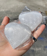 Load image into Gallery viewer, Satin Spar Selenite Large Etched Heart (Flower of Life)
