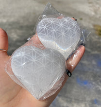 Load image into Gallery viewer, Satin Spar Selenite Large Etched Heart (Flower of Life)
